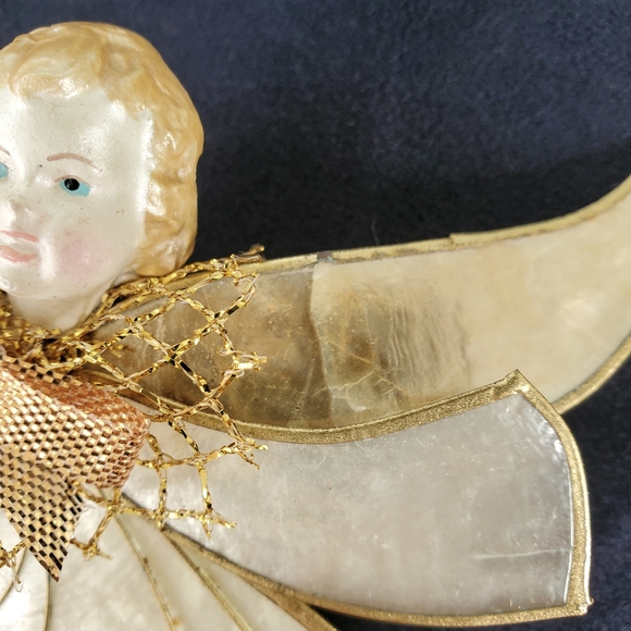 Angel Christmas Ornament Capiz Shell 6"x5" Vintage Porcelain Face Gold Tone Wire - Picture 4 of 7
